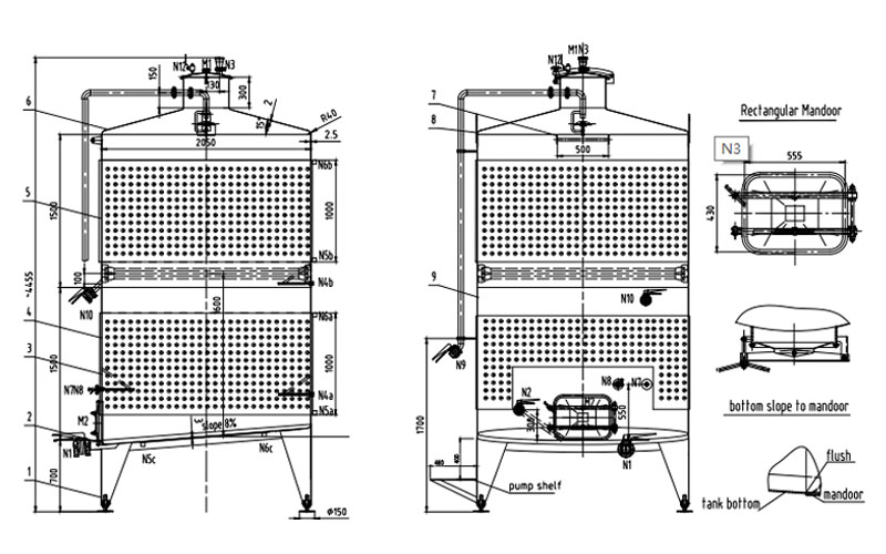 Pump-over Wine Fermentation Containers with Fltering Grid structure